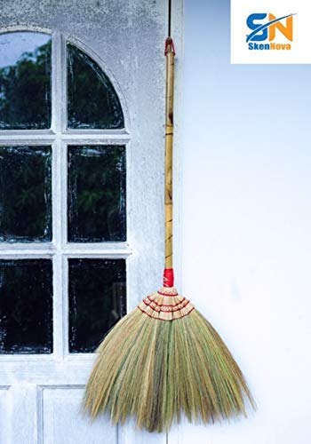 38" Thailanf Natural Grass Broom Bamboo Stick Handle for Sweeping Dirt, Dust, Garbage, Debris