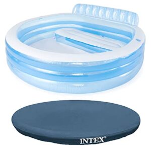 intex swim center round inflatable outdoor above ground swimming pool with built-in relaxing lounge bench and protective pool cover