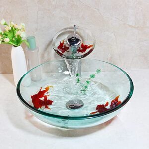 HM HomeMieco Clear Bathroom Sink Hand Painting Gold Fish Glass Vessel Sink Basin with Waterfall Faucet and Drain Combo,Round Glass Bowl Sink Above Counter Clear Bathroom Vessel Sink Set