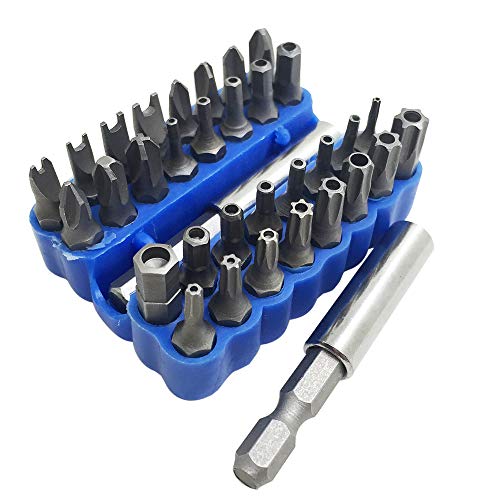 34 Pcs Screwdriver Bit Set with Magnetic Extension Bit Holder, FineGood Security Anti-Tamper SAE Metric Hex Tri-wing Torq Spanner Star Bit - Blue