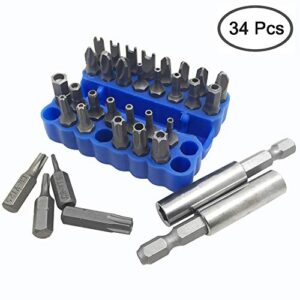 34 Pcs Screwdriver Bit Set with Magnetic Extension Bit Holder, FineGood Security Anti-Tamper SAE Metric Hex Tri-wing Torq Spanner Star Bit - Blue