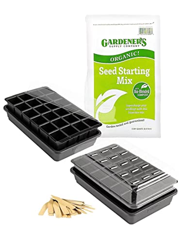 Gardeners Supply Company Seed Starter Kit Set | Organic Self Watering GrowEase Mini Greenhouse Gardening Kit with Seed Starting Mix, 24-Cell Seedling Trays, Wooden Markers and Water Reservoir