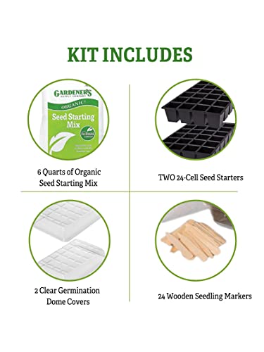 Gardeners Supply Company Seed Starter Kit Set | Organic Self Watering GrowEase Mini Greenhouse Gardening Kit with Seed Starting Mix, 24-Cell Seedling Trays, Wooden Markers and Water Reservoir