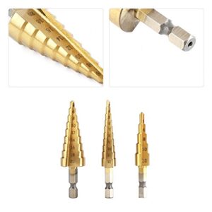 3-12/4-12/4-20mm High Speed Steel Step Drill Bit, 3Pcs Cone Hex Shank Plating Drill, Ideal for Cutting Holes