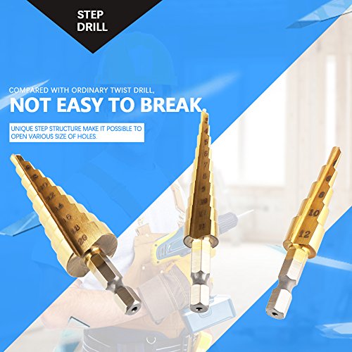 3-12/4-12/4-20mm High Speed Steel Step Drill Bit, 3Pcs Cone Hex Shank Plating Drill, Ideal for Cutting Holes