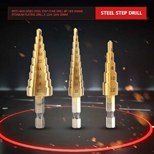 3-12/4-12/4-20mm High Speed Steel Step Drill Bit, 3Pcs Cone Hex Shank Plating Drill, Ideal for Cutting Holes