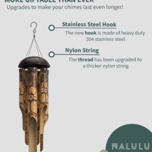 Nalulu Rustic Bamboo Wind Chimes - Outside Outdoor Wooden Windchimes, Medium, Floral Burned Design with Coconut Crown, Handcrafted with Calming Deep Tones, Home Decor Ideal Gift for Him & Her