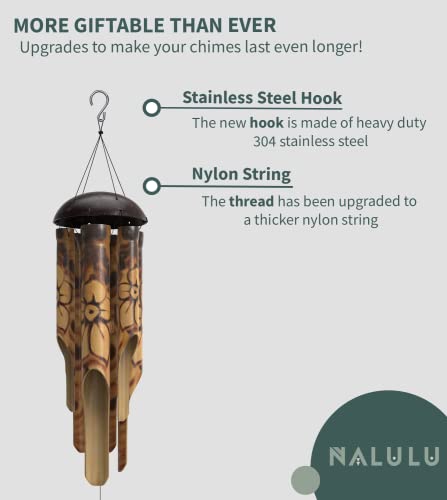 Nalulu Rustic Bamboo Wind Chimes - Outside Outdoor Wooden Windchimes, Medium, Floral Burned Design with Coconut Crown, Handcrafted with Calming Deep Tones, Home Decor Ideal Gift for Him & Her