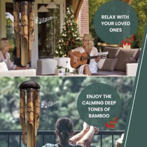 Nalulu Rustic Bamboo Wind Chimes - Outside Outdoor Wooden Windchimes, Medium, Floral Burned Design with Coconut Crown, Handcrafted with Calming Deep Tones, Home Decor Ideal Gift for Him & Her