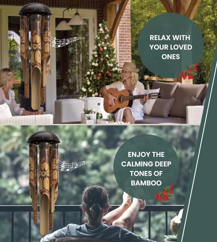 Nalulu Rustic Bamboo Wind Chimes - Outside Outdoor Wooden Windchimes, Medium, Floral Burned Design with Coconut Crown, Handcrafted with Calming Deep Tones, Home Decor Ideal Gift for Him & Her