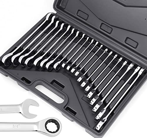 HORUSDY Ratcheting Combination Wrench Set, SAE & Metric, 20-piece, 1/4" to 3/4" & 6-18mm, CR-V Steel, with Carrying Case