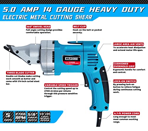 Wild Edge Electric Metal Shear, 14 Gauge 5.0 Amp Variable Speed Swivel Head Heavy Duty Sheet Metal Cutter