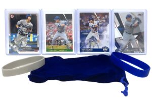 cody bellinger baseball cards (4) assorted los angeles dodgers trading card and wristbands gift bundle