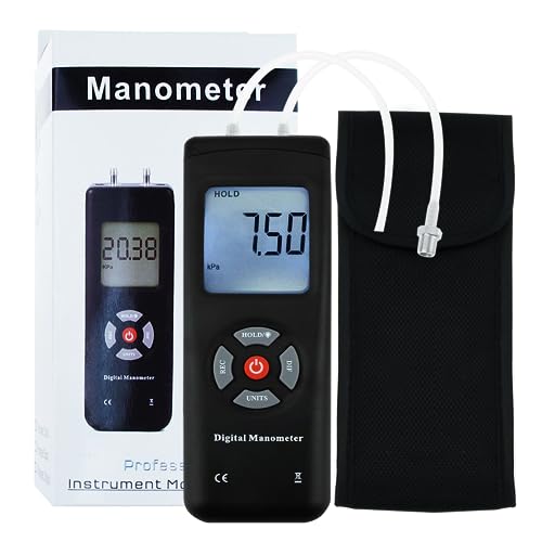 Manometer, Dual-Port Manometer Gas Pressure Tester, Professional Digital HVAC Air Pressure Meter, Differential Pressure Gauge with LCD Display Backlight, Extension Hose,Data Record Funtion