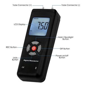 Manometer, Dual-Port Manometer Gas Pressure Tester, Professional Digital HVAC Air Pressure Meter, Differential Pressure Gauge with LCD Display Backlight, Extension Hose,Data Record Funtion