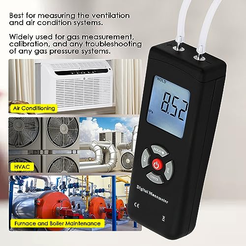 Manometer, Dual-Port Manometer Gas Pressure Tester, Professional Digital HVAC Air Pressure Meter, Differential Pressure Gauge with LCD Display Backlight, Extension Hose,Data Record Funtion