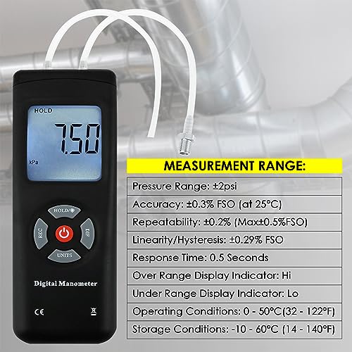 Manometer, Dual-Port Manometer Gas Pressure Tester, Professional Digital HVAC Air Pressure Meter, Differential Pressure Gauge with LCD Display Backlight, Extension Hose,Data Record Funtion