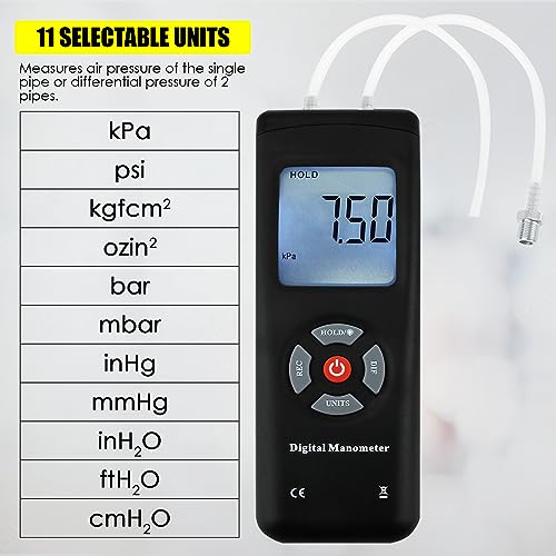 Manometer, Dual-Port Manometer Gas Pressure Tester, Professional Digital HVAC Air Pressure Meter, Differential Pressure Gauge with LCD Display Backlight, Extension Hose,Data Record Funtion