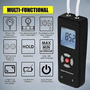 Manometer, Dual-Port Manometer Gas Pressure Tester, Professional Digital HVAC Air Pressure Meter, Differential Pressure Gauge with LCD Display Backlight, Extension Hose,Data Record Funtion