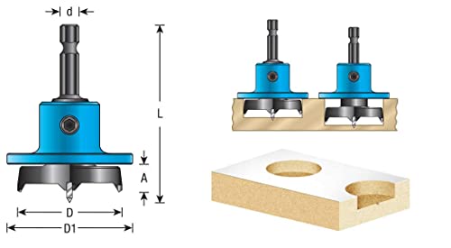 Amana Tool 203361 Carbide Tipped 2 Wing Boring Bit with Spurs with Adjustable Depth-Stop 35mm D x 1/4 Inch Quick Release Hex SHK