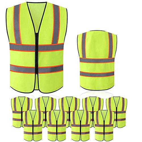 Tekware Safety Vest with High Reflective Strips, Pack of 10 Bright Neon Color Construction Protector with Zipper, Size XXL