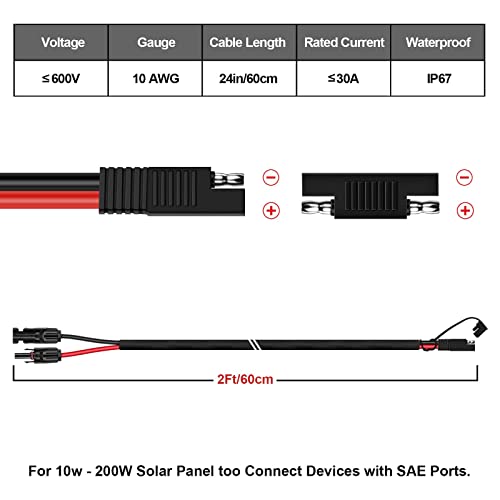 iGreely Solar Panel Connector Cable, 10AWG SAE to Male & Female Adapter PV Extension Cable Wire for RV Solar Panel DC Power Battery Charger with SAE Polarity Reverse Adapter