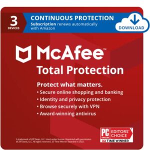 mcafee total protection 2024 ready | 3 device | cybersecurity software includes antivirus, secure vpn, password manager, dark web monitoring | amazon exclusive 1 month with auto renewal