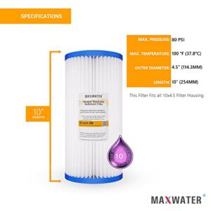 (6 Pack) 10" x 4.5" BB 5-Micron Pleated Heavy Duty HD-950 Washable Polypropylene Sediment Water Filters, compatible with 10" BB Whole House Systems