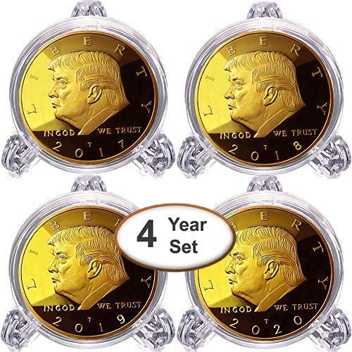 Donald Trump 1st Term 4 Coin Gift Box Set 2017, 18, 19, 20, Clear Stand, 24kt Gold Plated Replica Medallion, Cert. of Auth. (1st Term Clear4)