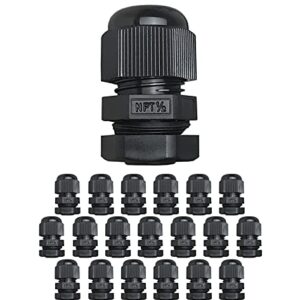 MGI SpeedWare 1/2" NPT Strain Relief Nylon Cord Grip Cable Glands, Black Plastic Grommet 20-Pack