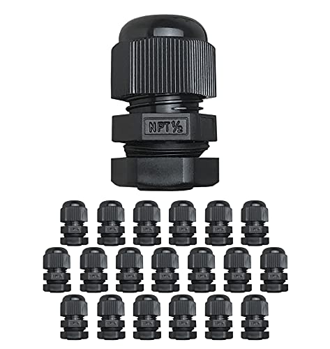 MGI SpeedWare 1/2" NPT Strain Relief Nylon Cord Grip Cable Glands, Black Plastic Grommet 20-Pack