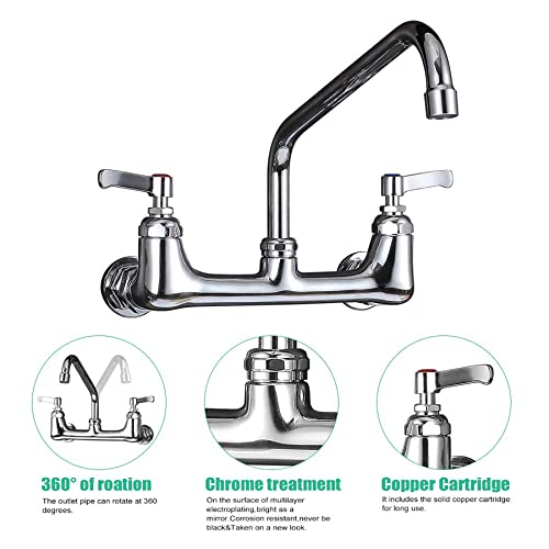 CWM Wall Mount Kitchen Faucet 8" Center Commercial Faucets with 12 Inch Swivel Spout