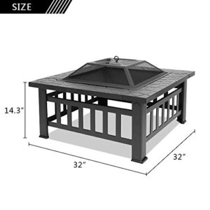 Bonnlo 32” Metal Porch Fire Pit Outdoor Square Poatable Wood Burning Table- Includes Mesh Spark Screen Top, Waterproof Cover and Poker for Camping Patio Backyard Bonfire Fireplace