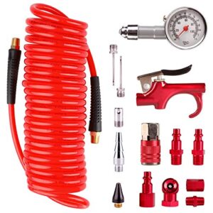hromee 16 pieces air compressor accessory kit with 1/4 inch recoil poly air hose, blow gun and fittings inflation kit with needles, ball chuck and tire pressure gauge
