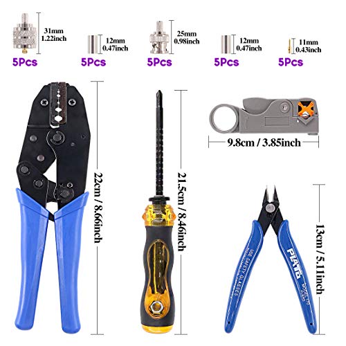 Swpeet 14Pcs Professional Coaxial Cable Tool Kit, Ratcheting Wire Terminal Coaxial Cable Tool Kit with 1Pcs Cable Stripper and 10pcs 50 Ohm BNC Crimp Male/Straight Connectors for Coax Connectors