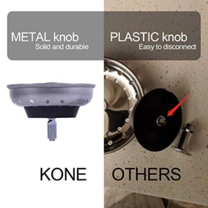 KONE 2PCS Kitchen Sink Basket Strainer Replacement for 3-1/2 Inch Standard Drains Brushed Stainless Steel Body Metal Center Knob with Rubber Stopper