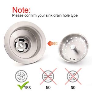 KONE 2PCS Kitchen Sink Basket Strainer Replacement for 3-1/2 Inch Standard Drains Brushed Stainless Steel Body Metal Center Knob with Rubber Stopper