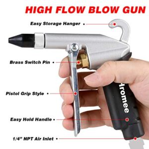 Hromee High Flow Air Blow Gun Kit with Nozzles Tips and Extensions, 13 Pieces Air Compressor Accessory Tools with 1/4" NPT V-Type Aluminum Couplers and Plugs