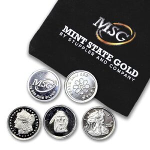five (5) one gram .999 pure silver rounds with random designs in a jewelry pouch by mint state gold