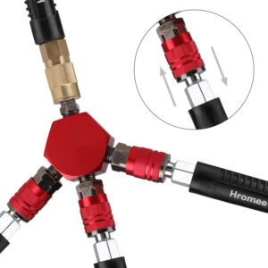 Hromee 3-Way Air Manifold 4 Ports Aluminum Industrial Flat Hex Quick Connect Air Hose Splitter with 3 Steel Couplers and 1/4" Male NPT Plug