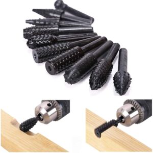 ASNOMY 10PCS Woodworking Twist Drill Bits, Wood Carving File Rasp Drill Bits 6.3mm(1/4") Shank Electrical Tools Woodworking Rasp Chisel Shaped Rotating Embossed Grinding Head with Storage Bag