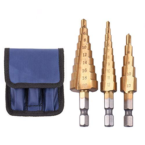 Tameco 3Pcs Hss Steel Titanium Step Drill Bits 3-12/4-12/4-20mm Step Cone Cutting Tools Steel Woodworking Wood Metal Drilling Set