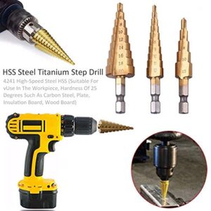 Tameco 3Pcs Hss Steel Titanium Step Drill Bits 3-12/4-12/4-20mm Step Cone Cutting Tools Steel Woodworking Wood Metal Drilling Set