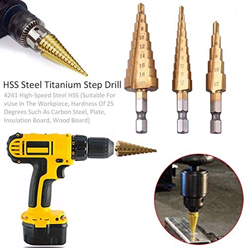 Tameco 3Pcs Hss Steel Titanium Step Drill Bits 3-12/4-12/4-20mm Step Cone Cutting Tools Steel Woodworking Wood Metal Drilling Set