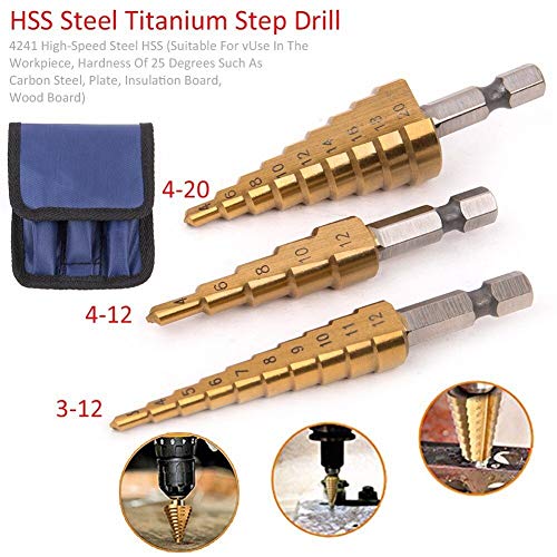 Tameco 3Pcs Hss Steel Titanium Step Drill Bits 3-12/4-12/4-20mm Step Cone Cutting Tools Steel Woodworking Wood Metal Drilling Set