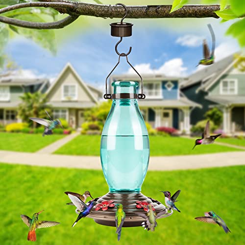 BOLITE 18001 Hummingbird Feeder, Glass Wild Hummingbird Feeders for Outdoors, Retro Edison Bulb Bottle, 25 Ounces, Green, Xmas Gifts for Bird Lovers