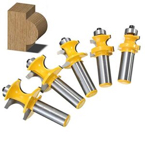 Yakamoz 5Pcs 1/2 Inch Shank Half Round Bearing Bullnose Router Bit Set Carbide Tipped Round Edge Cutting Bits | Radius 1/8" 3/16" 1/4" 5/16" 3/8"