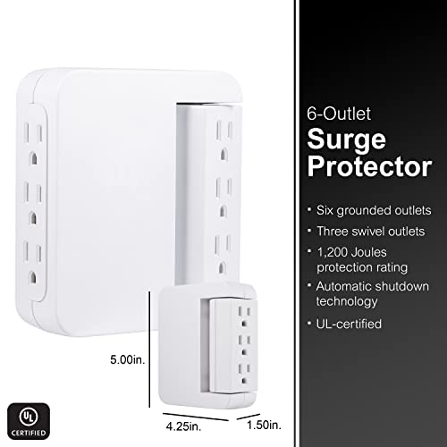 GE Pro Side-Access Swivel Surge Protector, 6-Outlet Extender, Wall Tap Adapter, Charging Station, 3-Prong, Automatic Shutdown Technology, 1200 Joules, UL Listed, White, 39226