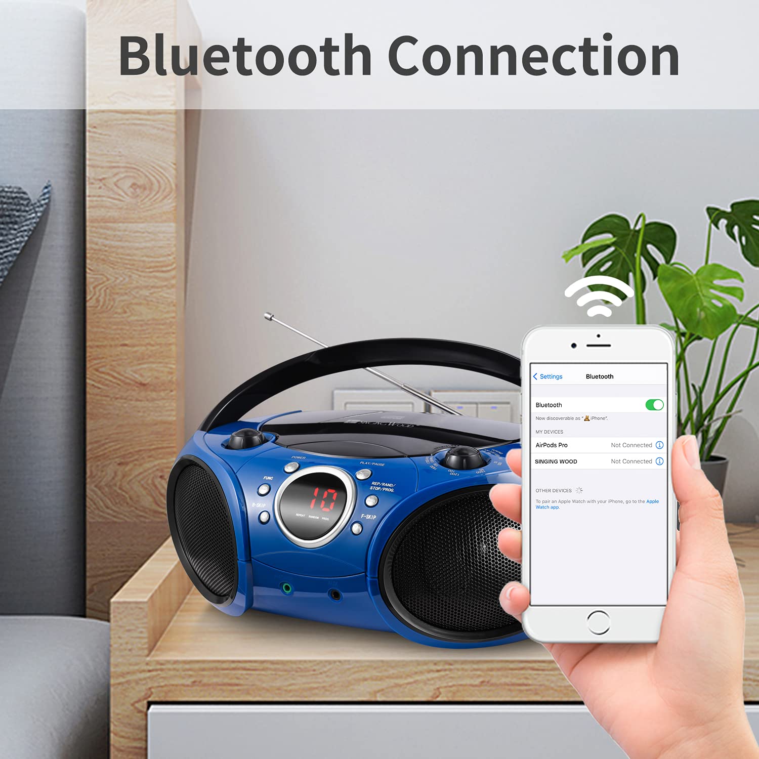 SINGING WOOD 030B Portable CD Player Boombox with Bluetooth for Home AM FM Stereo Radio, Aux Line in, Headphone Jack, Supported AC or Battery Powered (Starlight Blue)