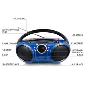 SINGING WOOD 030B Portable CD Player Boombox with Bluetooth for Home AM FM Stereo Radio, Aux Line in, Headphone Jack, Supported AC or Battery Powered (Starlight Blue)